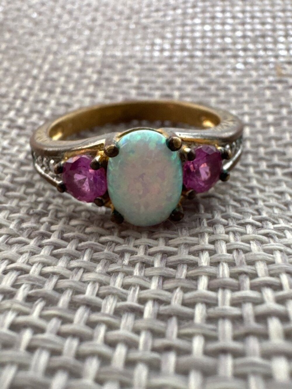 VTG Opal & Pink Gemstone BRKRN Gold-Plated Ring Size 7 With Elegant Detailing Fo